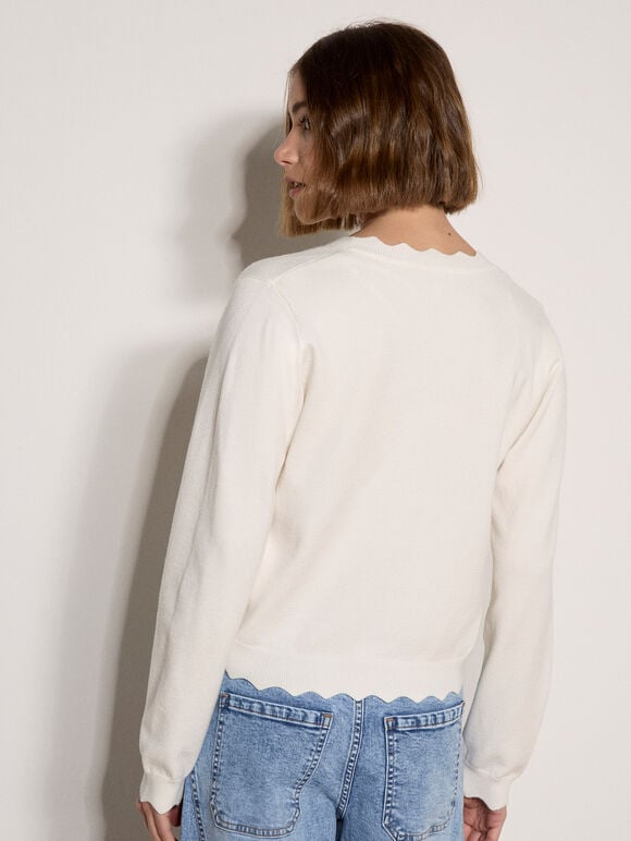 Scallop Hem Cardigan, Cream, large