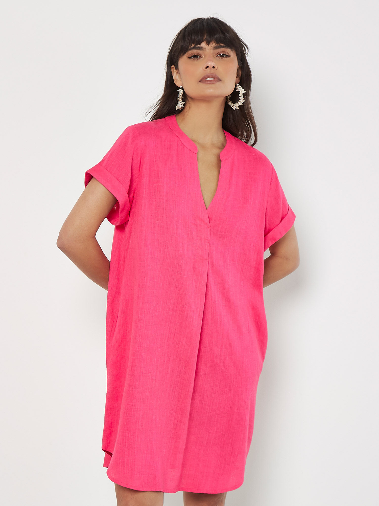 Linen Blend Relaxed Mini Dress Apricot Clothing