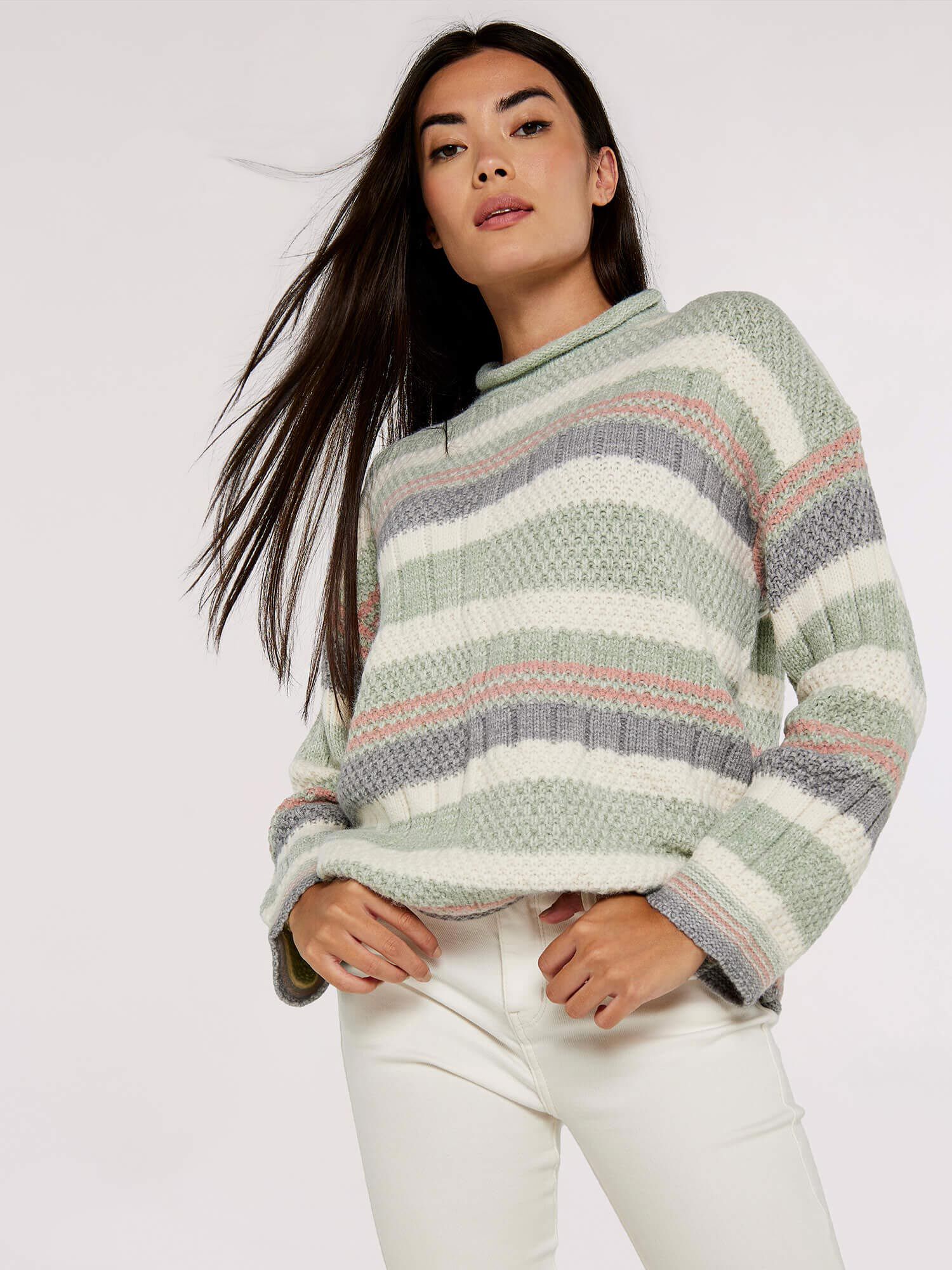 Textured Neck Striped Jumper Apricot Clothing