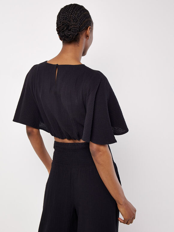Textured Cotton Crop Top, Black, large