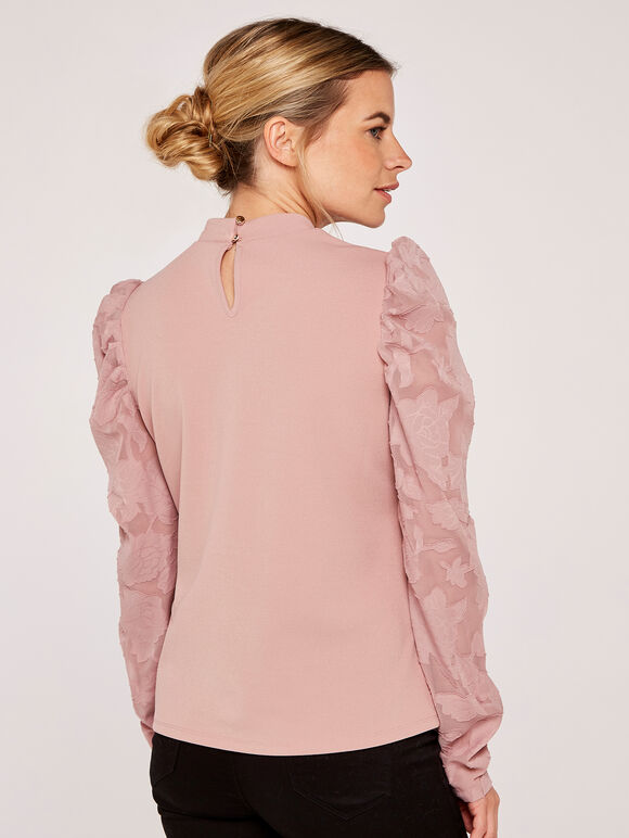 Sheer Puff Sleeve Mock Neck Top, Pink, large