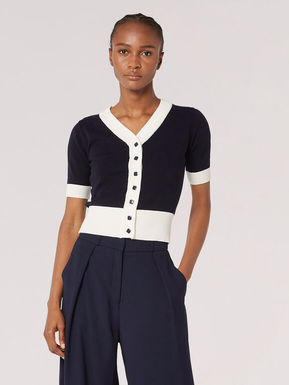 Contrast Trim Cotton Cardigan, Navy, large