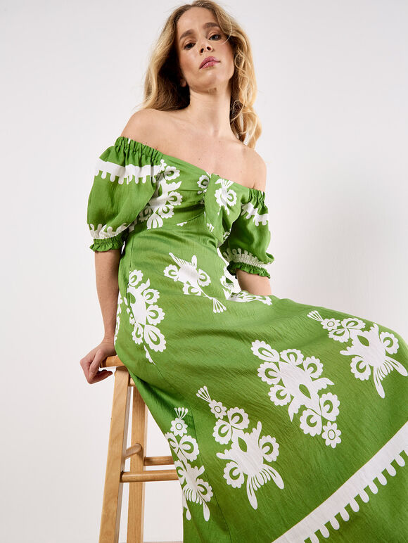 Folk Floral Print Midi Dress, Green, large