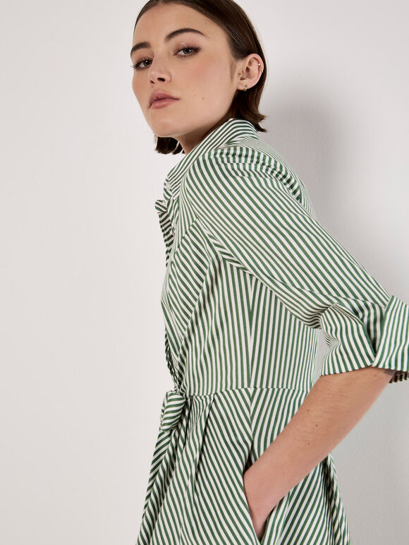 Cotton Stripe Shirt Mini Dress, Green, large