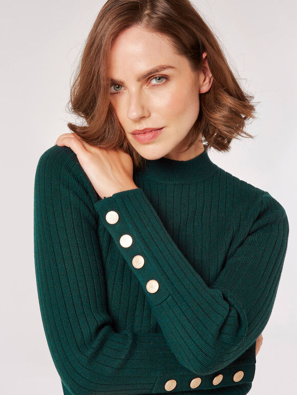 Gold Button Ribbed Jumper, Green, large