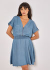 Denim Smocked Mini Dress, Blue, large