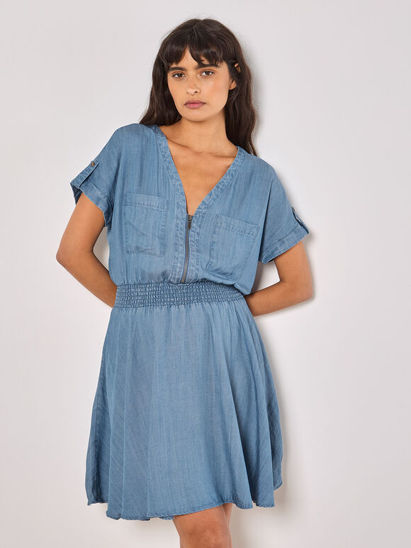 Denim Smocked Mini Dress, Blue, large