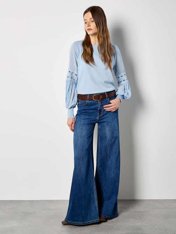 Contrast Chiffon Sleeves Jumper, Sky Blue, large