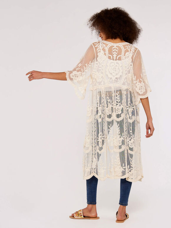 Embroidered Mesh Longline Kimono, Stone, large