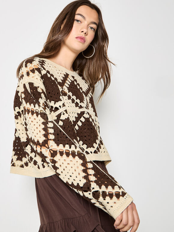 Crochet Diamonds Cropped Jumper, Stone, large