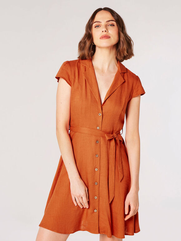 Linen Blend Shirt Mini Dress, Orange, large