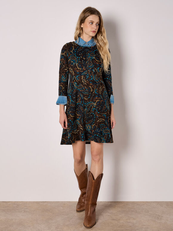 Jersey Knit Paisley Mini Dress, Navy, large