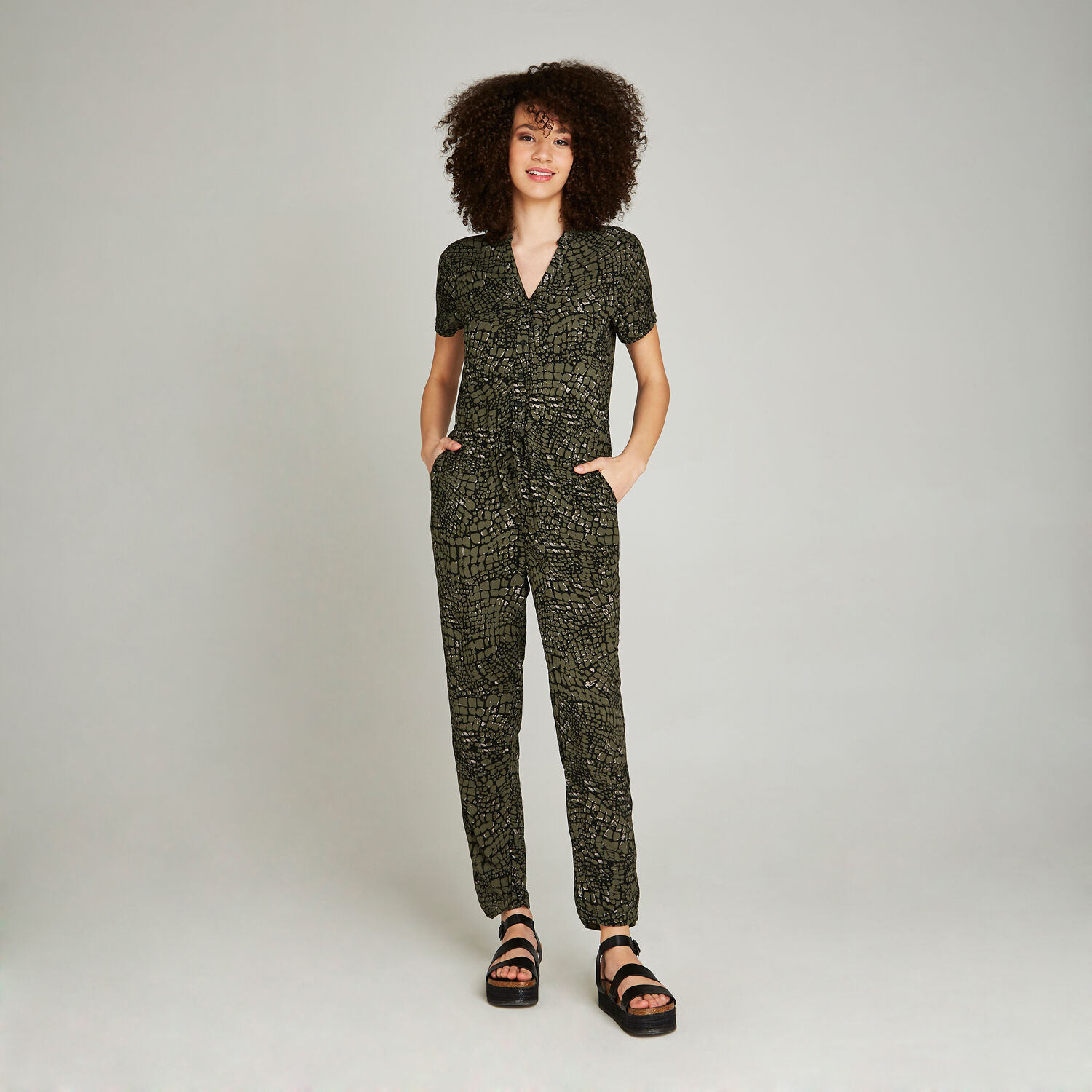 Khaki Animal Print Utility Jumpsuit Apricot Clothing