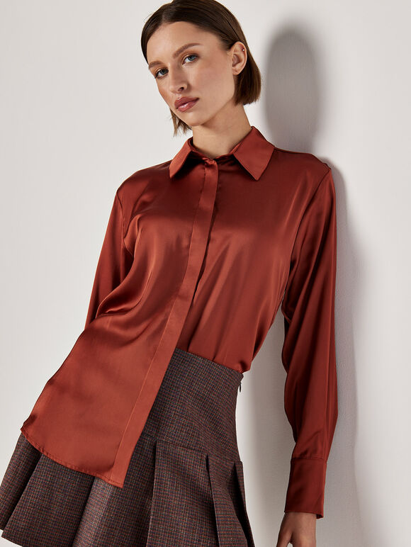 Oversized Satin Shirt, Burgundy, large