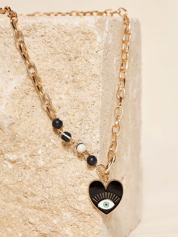 Gold Heart Eye Necklace, Black, large