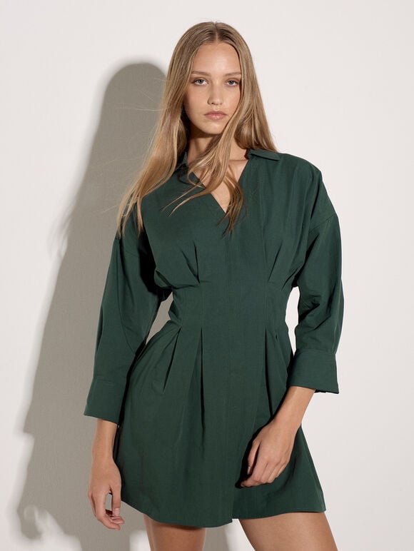 Smocked Shirt Mini Dress, Green, large