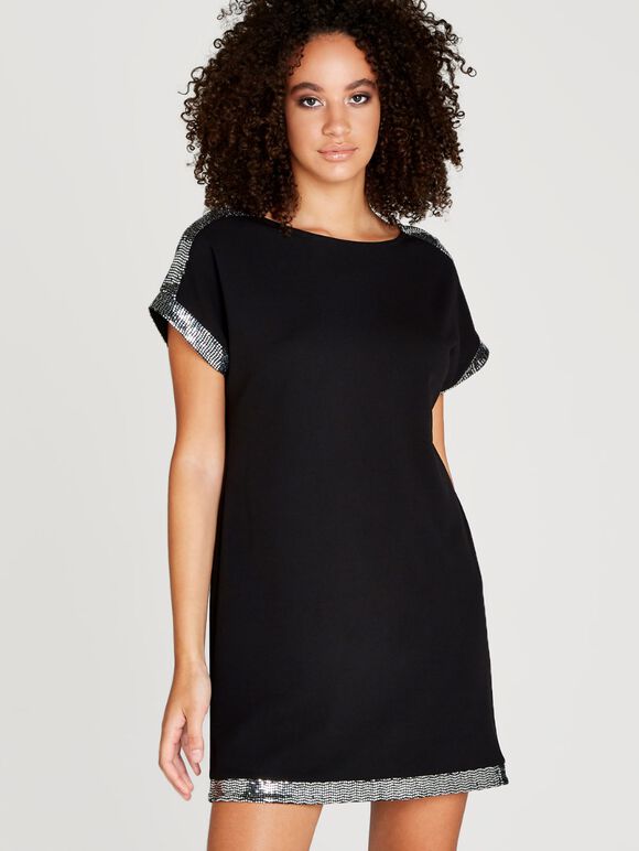Black Metallic Hem Detail Dress, Black, large