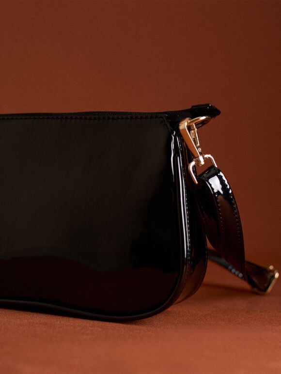 Patent Faux Leather Crossbody Bag, Black, large