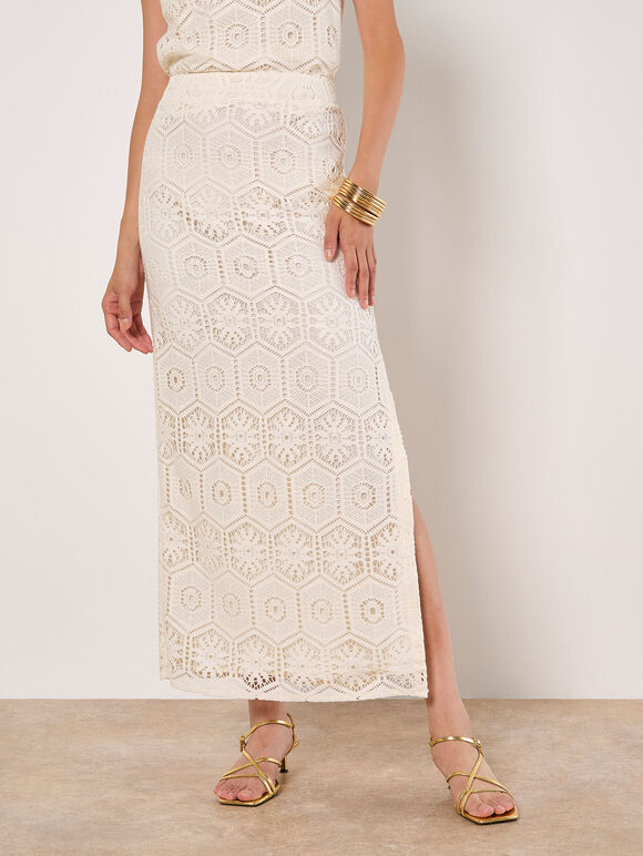Crochet Lace Side Split Maxi Skirt, White, large