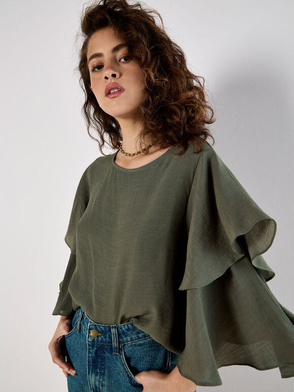 Layered Sleeve Top, Khaki, large