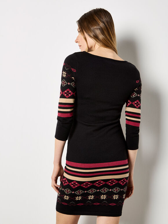 Folk Pattern Stripe Knitted Mini Dress, Black, large
