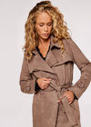 Double-Breasted Suede Belted Trench Coat, Brown, large