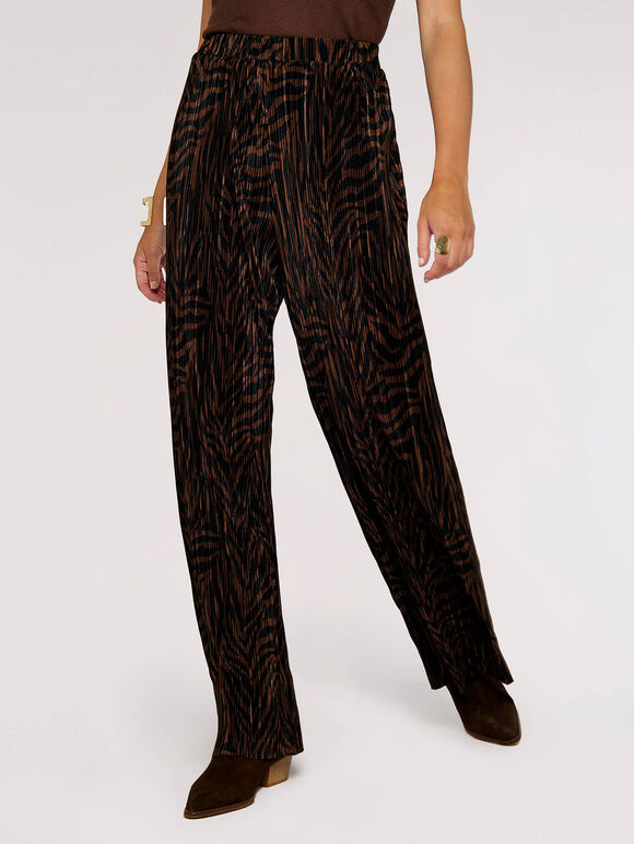 Zebra Plisse Palazzo Trouser, Brown, large