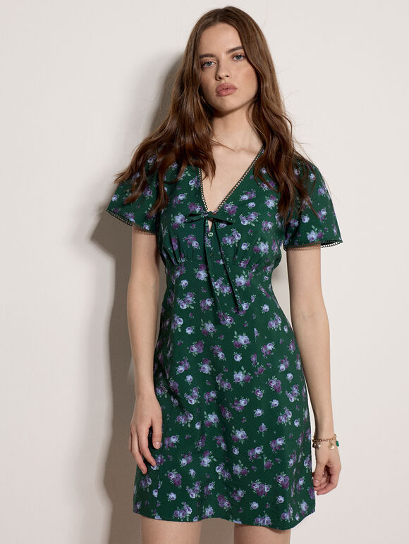 Vintage Floral Mini Tea Dress, Pine Green, large