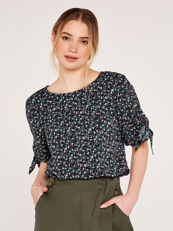 Ditsy Floral Tie Sleeve Top, Green, large