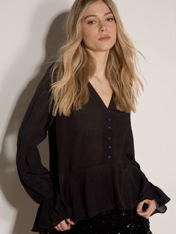 Textured Peplum Hem Blouse, Black, large