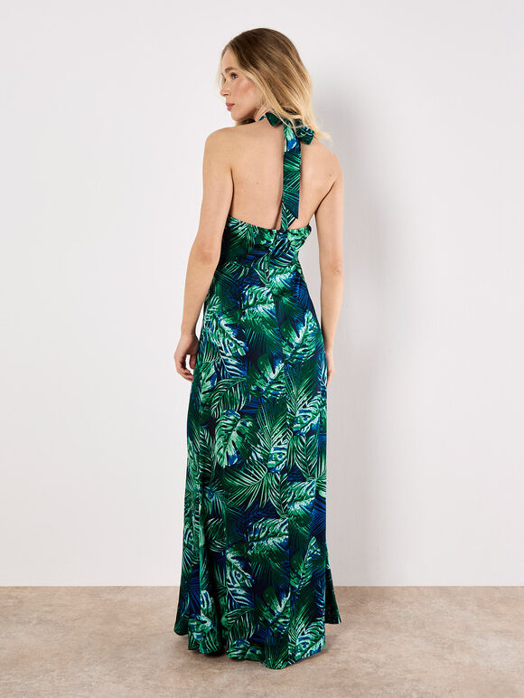 Tropical Leaf Satin Maxi Dress, Navy, large