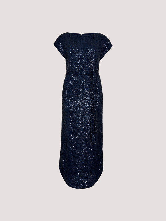 Chevron Sequin Midi Dress, Navy, large