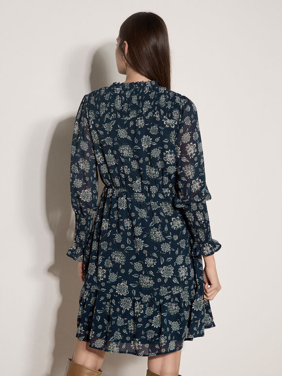 Folk Floral Chiffon Mini Dress, Navy, large