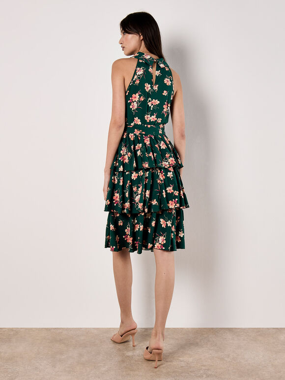 Halterneck Tiered Floral Mini Dress, Green, large