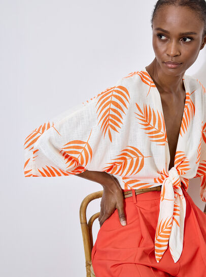 Tropical Leaf Tie Hem Crop Top