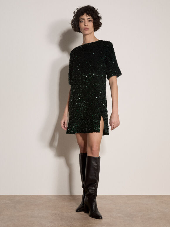 Sequin Embellished Mini Dress, Green, large