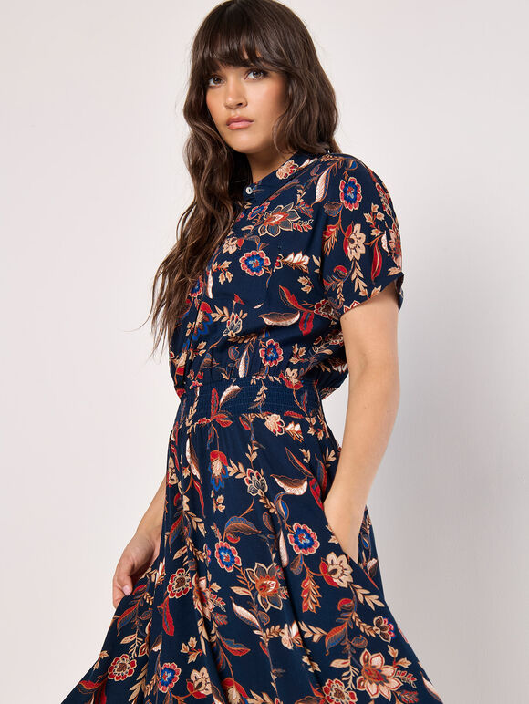 Sarasa Floral Shirt Midi Dress, Navy, large