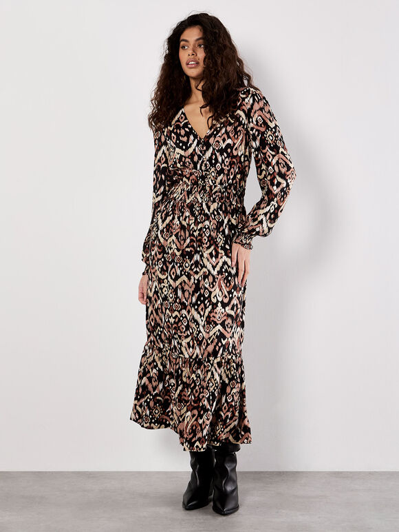 Ikat Print Midaxi Dress, Black, large