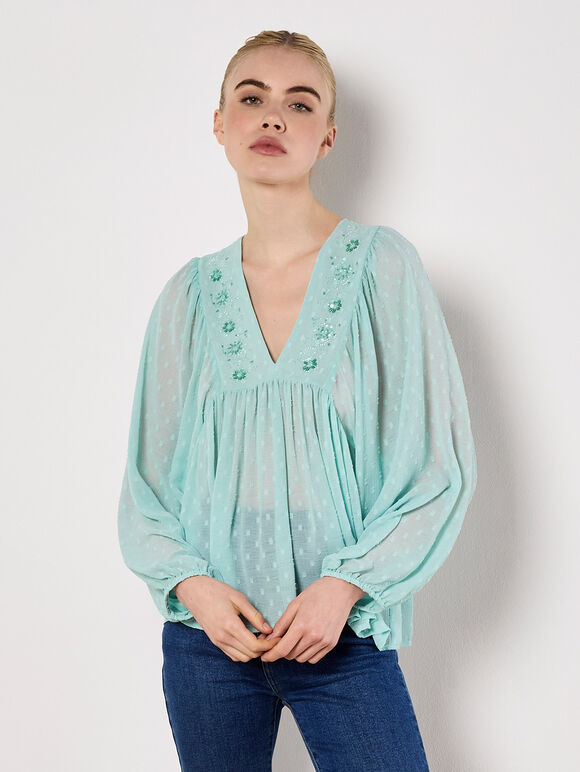 Dobby Bead Embellished Empire Top, Blue, large
