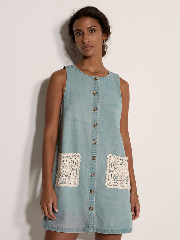 Denim Shift Mini Dress, Blue, large