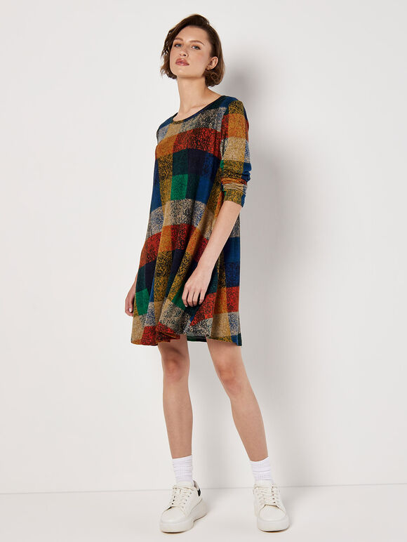 Colourful Patchwork Check Swing Mini Dress, Blue, large