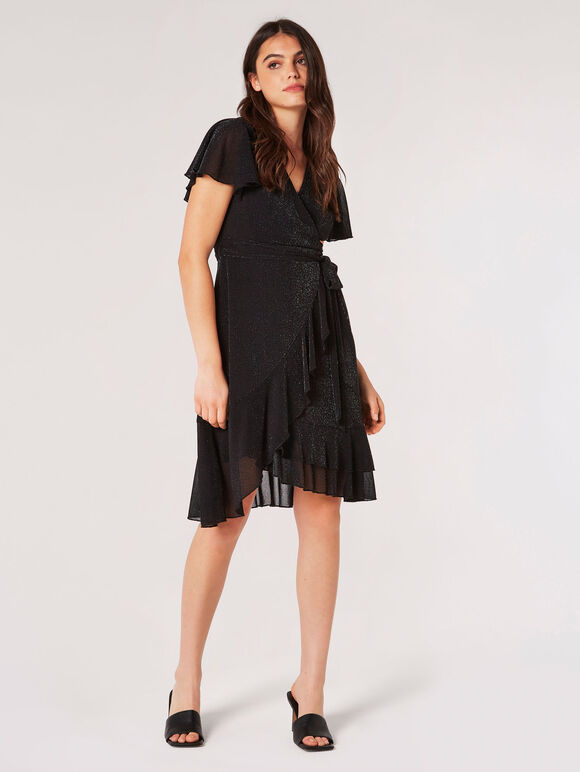 Sparkle Wrap Ruffle Mini Dress, Black, large