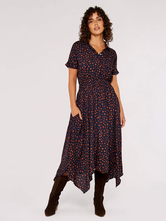 Dot Smock Midi Dress, Navy, large