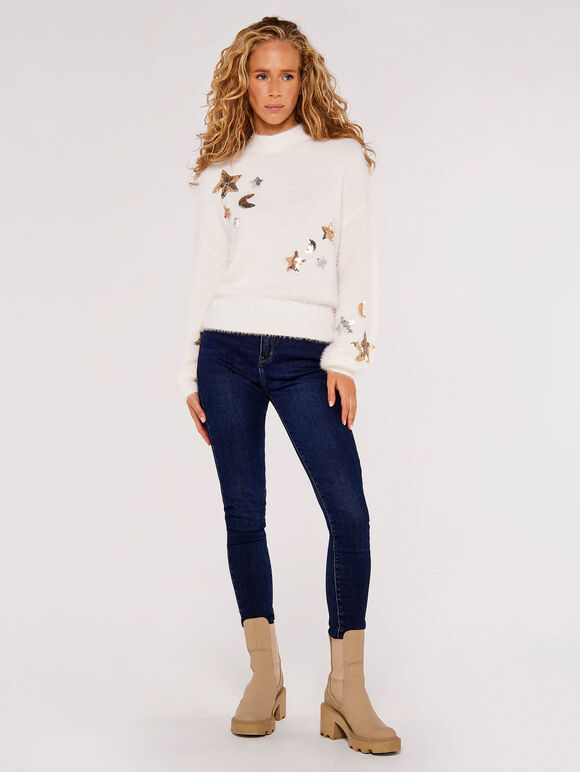Moons And Stars Sequin Jumper, Cream, large