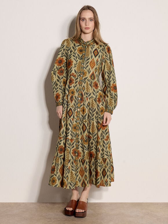Floral Leaves Tiered Shirt Midi Dress, Green, large