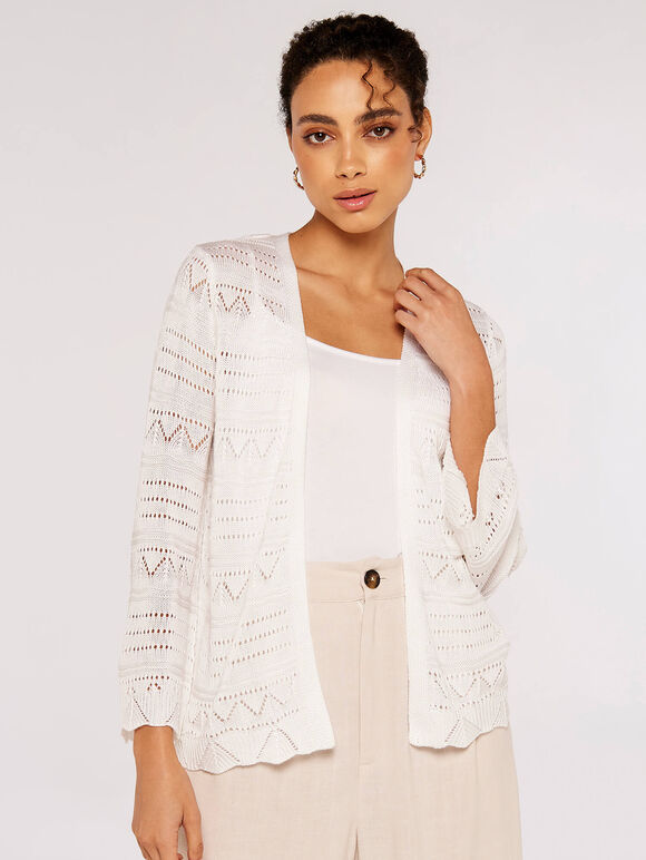 Pointelle Patterned Cardigan, Cream, large