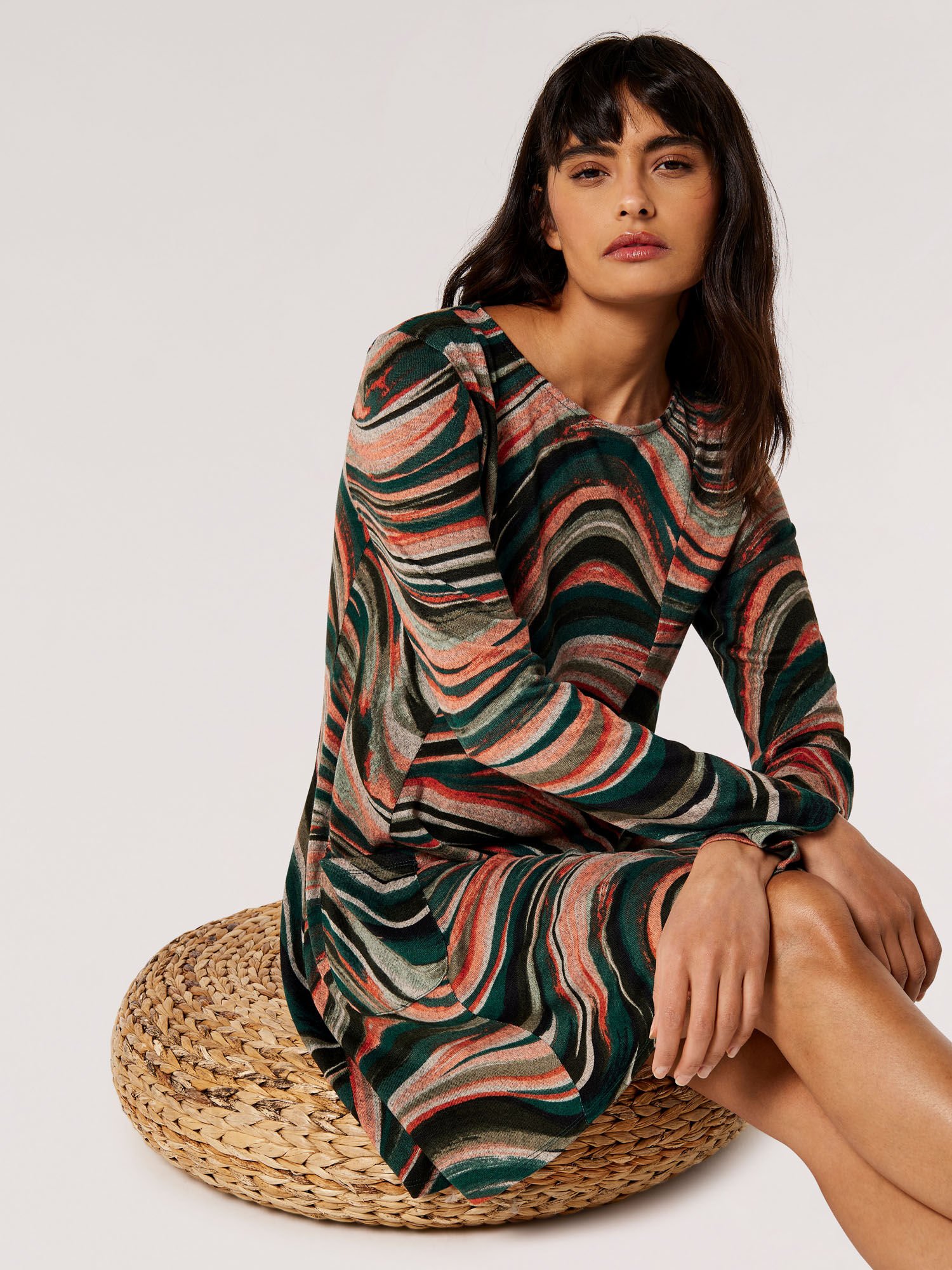 Swirl Jersey Knit Swing Mini Dress Apricot Clothing