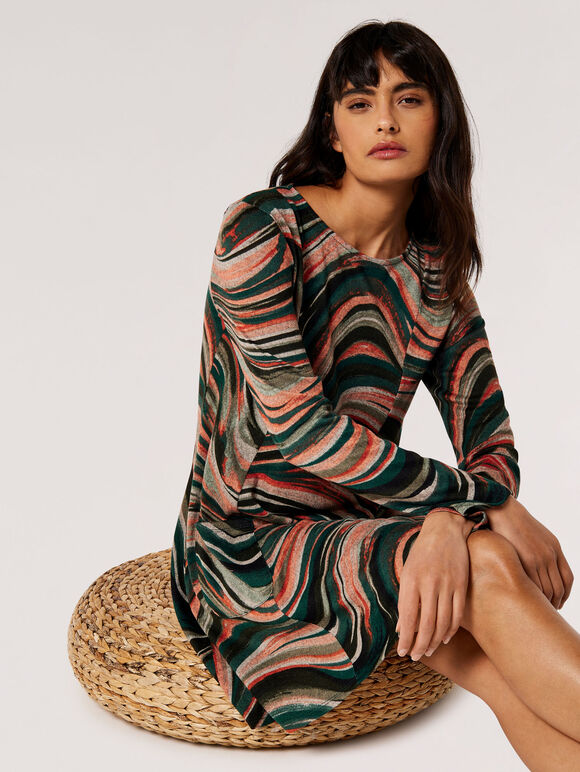 Swirl Jersey Knit Swing Mini Dress, Orange, large