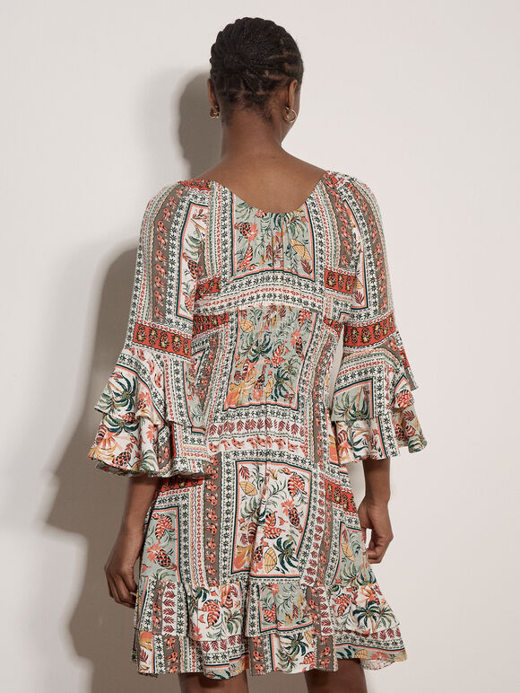 Patchwork Print Smocked Mini Dress, Mint, large