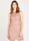 Applique Leaf Mesh Shift Dress, Pink, large